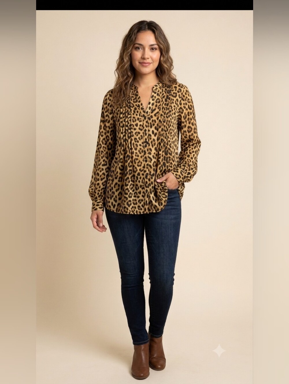 St. John's Bay Womens Top Leopard Print V-Neck Snakeskin plisse pleats Boho Sz3X
